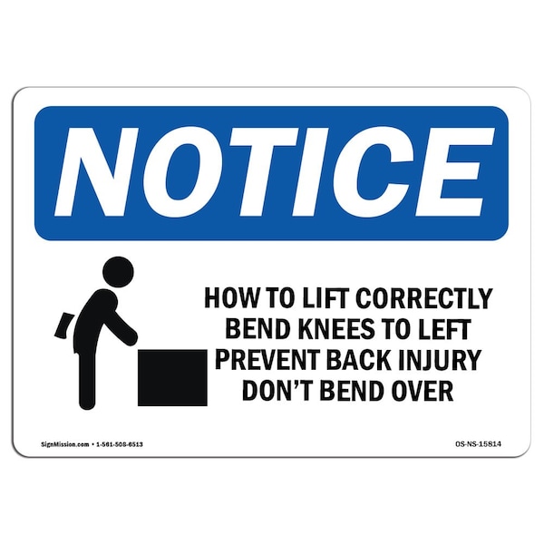 OSHA, How To Lift Correctly Prevent Back Injury, 18in X 12in Rigid Plastic, 12" W, 18" L, Landscape